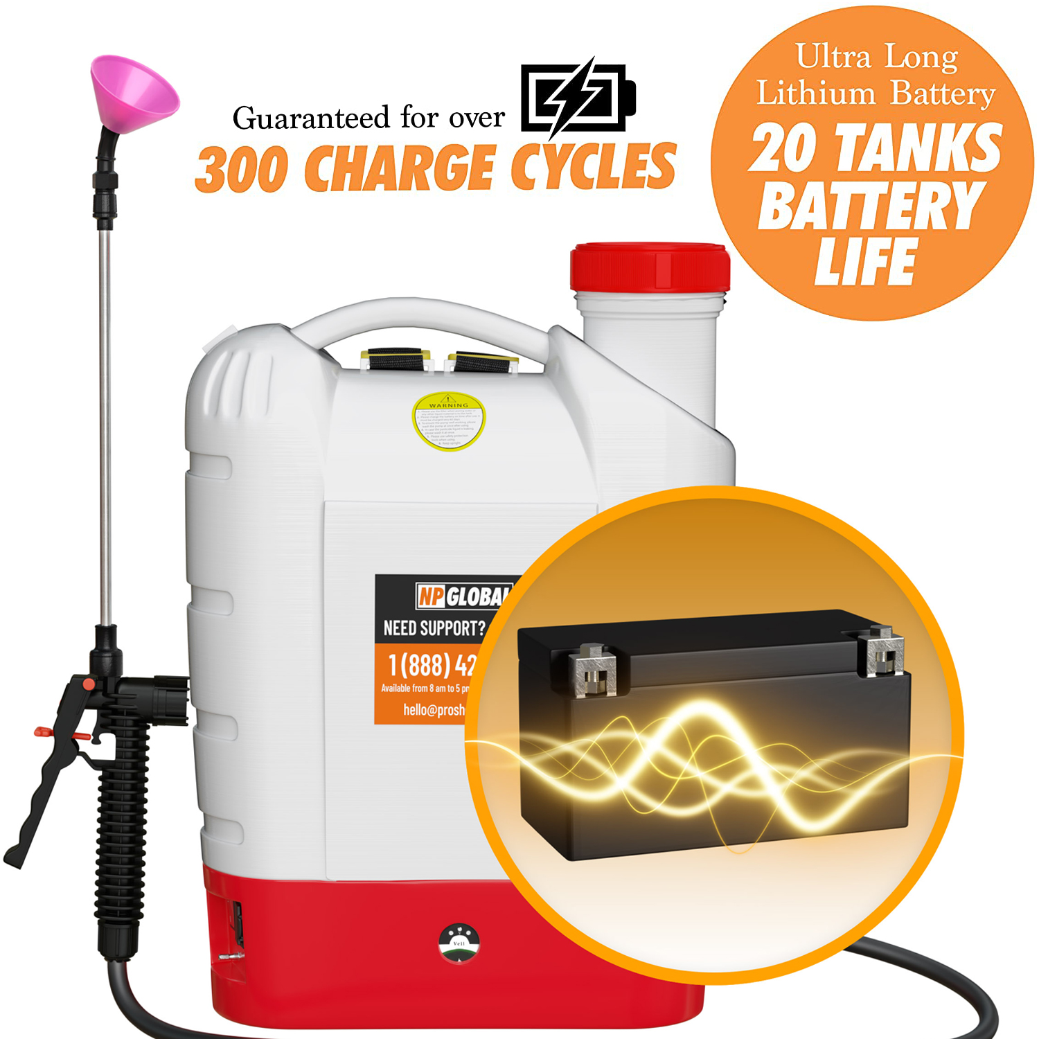 NPGLOBAL backpack sprayer with ultra-long lithium battery — guaranteed for 300+ charge cycles and 20 tanks of battery life per charge