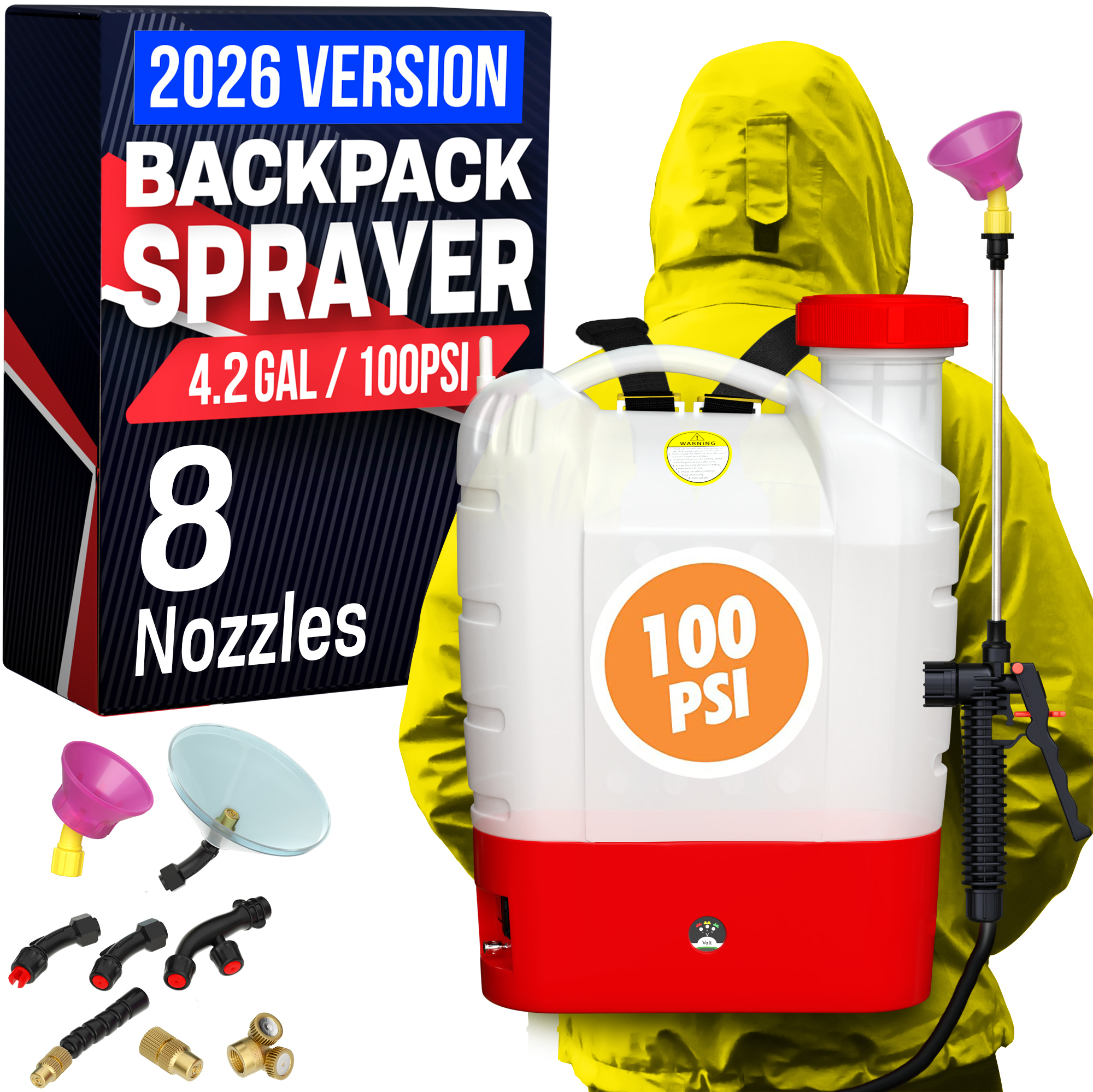 NPGLOBAL 2026 Battery-Powered Backpack Sprayer — 4.2 gallon, 100 PSI, 8 nozzles